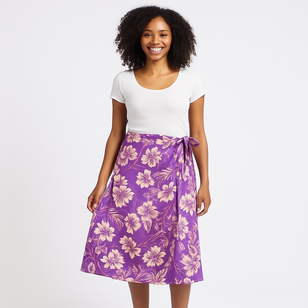 NWT Japna Floral‎ Satin Wrap Skirt Women's Large Purple Cream Midi 30046